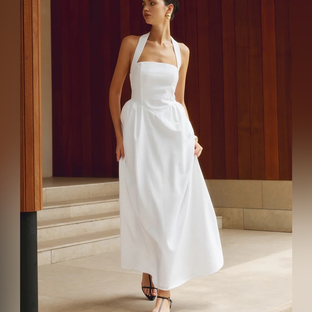 Cotton & Linen Halter A Line Long Dress